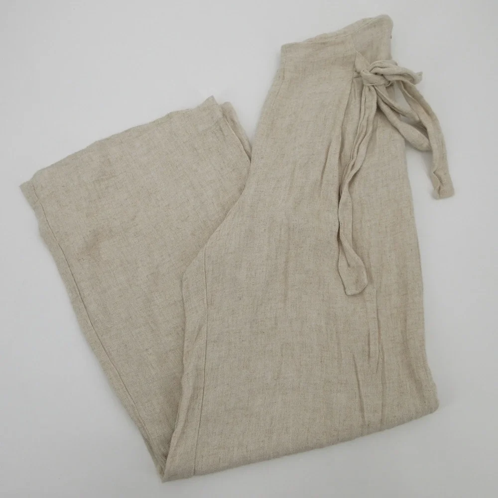 Zara XS Beige Linen Blend High Waist Wide Leg Wrap Tie Trousers Pants Boho